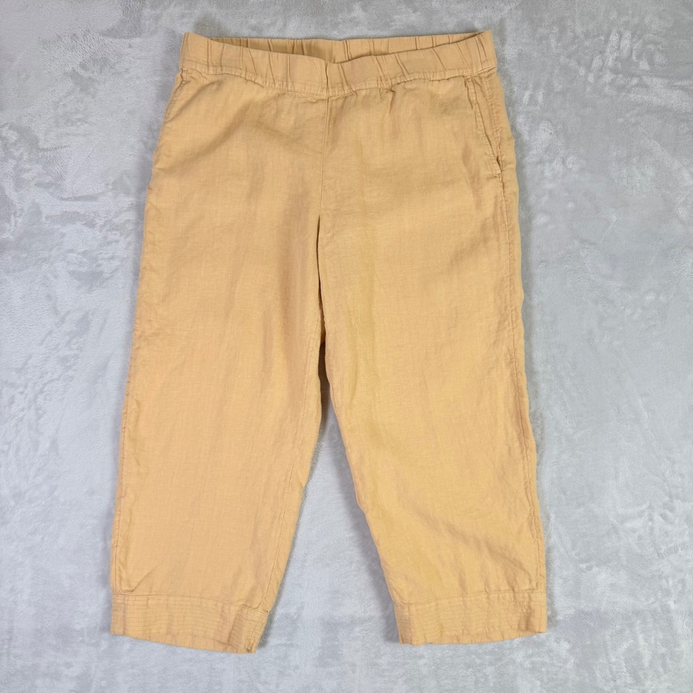 Pure Jill Linen Crop Pants Women Large Yellow Garment Dyed Elastic Waist Casual‎